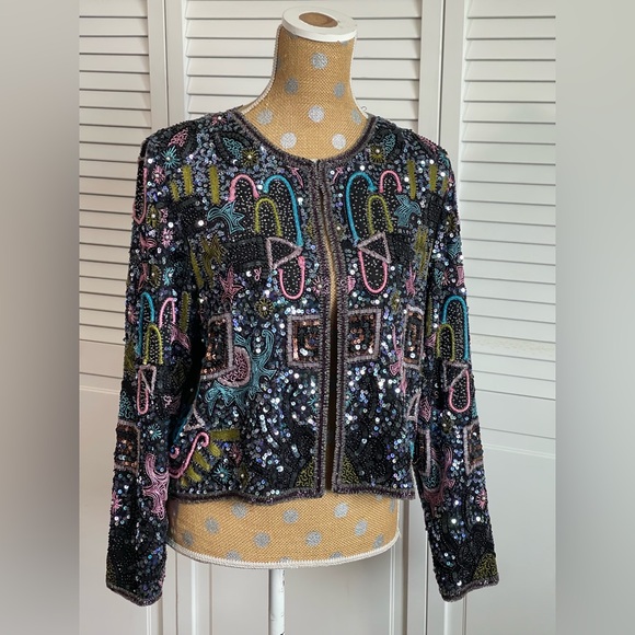 Amazing Vintage 80’s Sténay Multicolored Geometric Beaded Evening coat jacket M - Picture 3 of 16